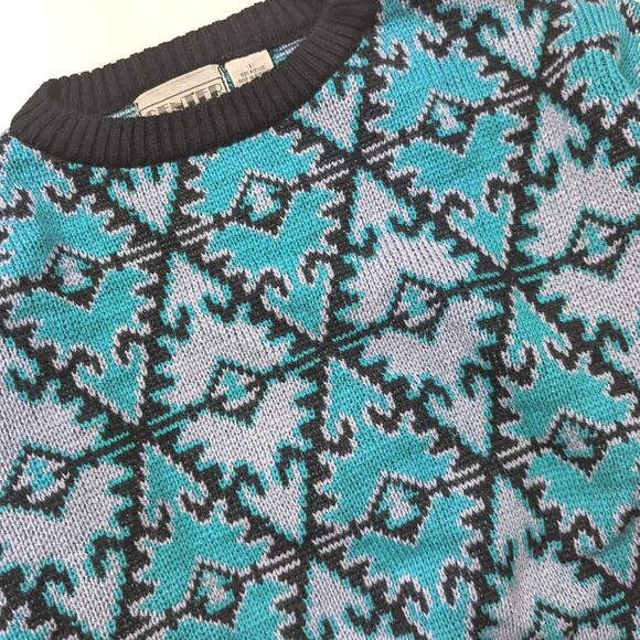 Vintage Center Aisle Sweater Adult Size Medium Blue Printed Geometric 80s Knit - Picture 2 of 4